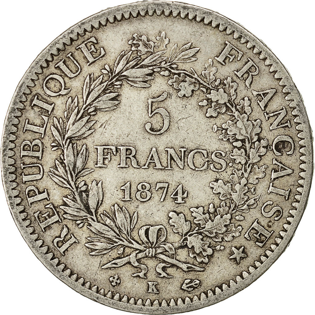 Moneta, Francia, Hercule, 5 Francs, 1874, Bordeaux, BB, Argento, KM:820.2