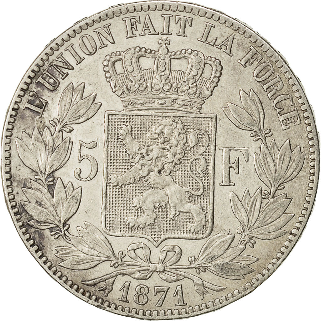 Moneta, Belgia, Leopold II, 5 Francs, 5 Frank, 1871, AU(50-53), Srebro, KM:24