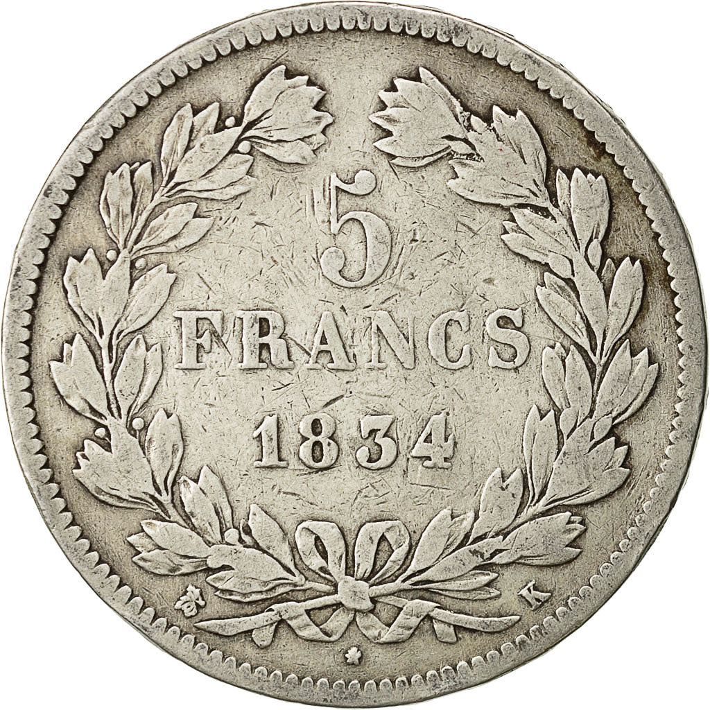 Monnaie, France, Louis-Philippe, 5 Francs, 1834, Bordeaux, TB, Argent