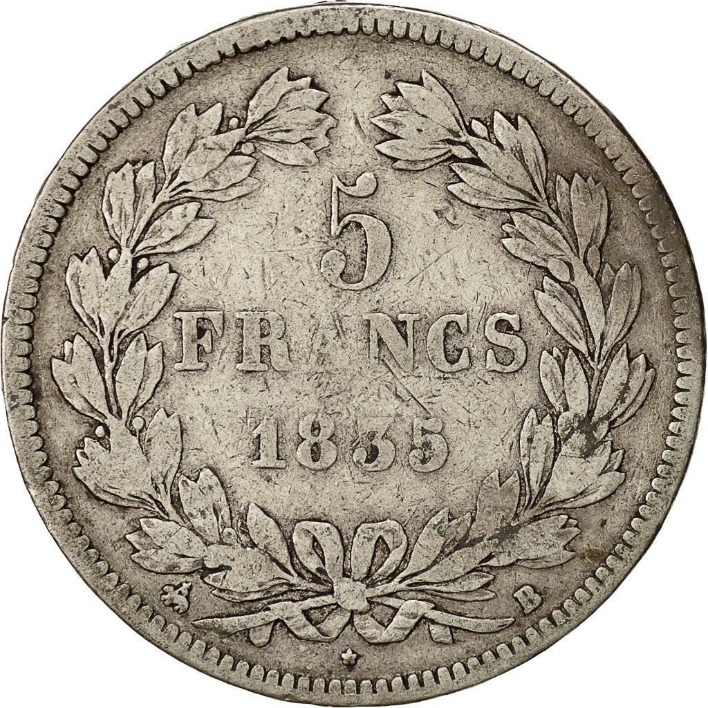 Moneta, Francia, Louis-Philippe, 5 Francs, 1835, Rouen, MB+, Argento, KM:749.2