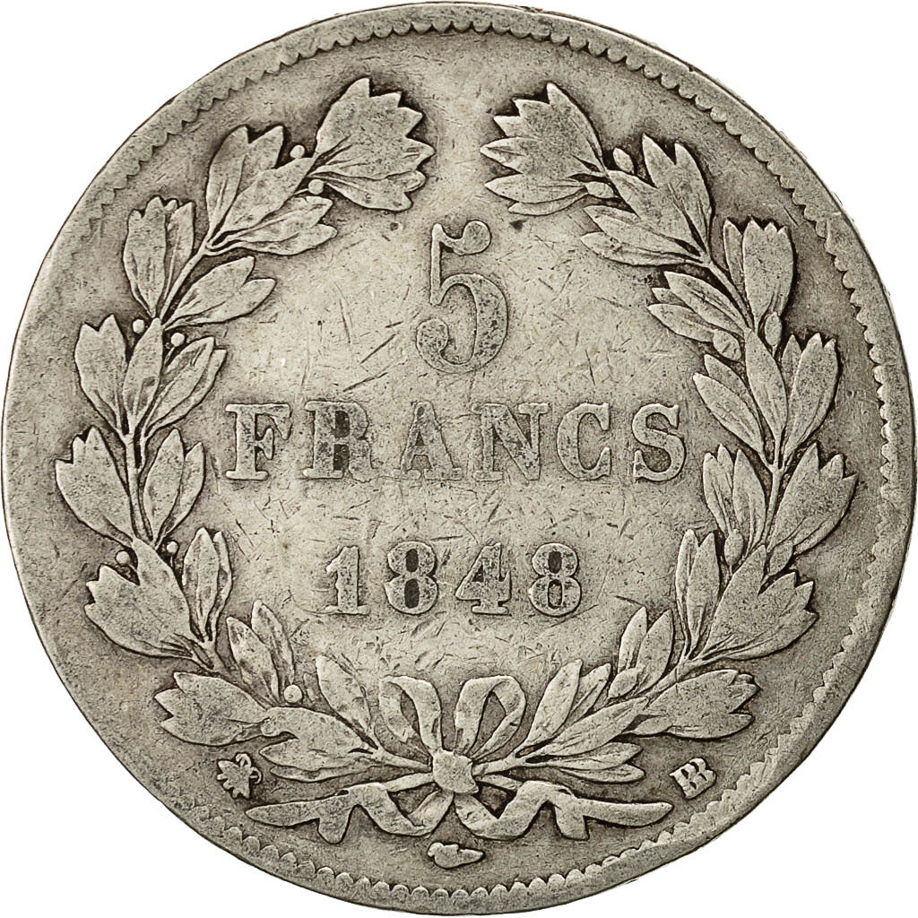 Moneda, Francia, Louis-Philippe, 5 Francs, 1848, Strasbourg, BC+, Plata