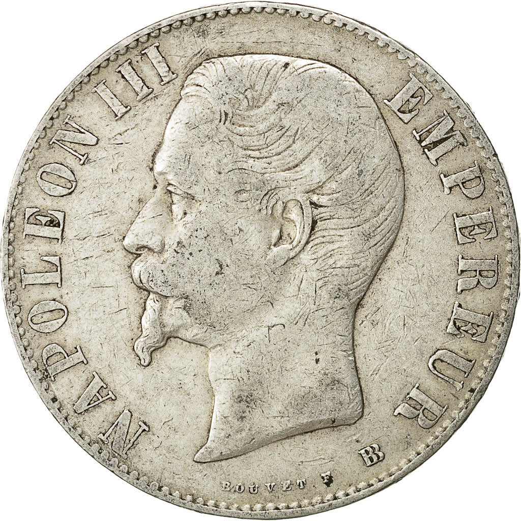 Moneda, Francia, Napoleon III, Napoléon III, 5 Francs, 1855, Strasbourg, BC+