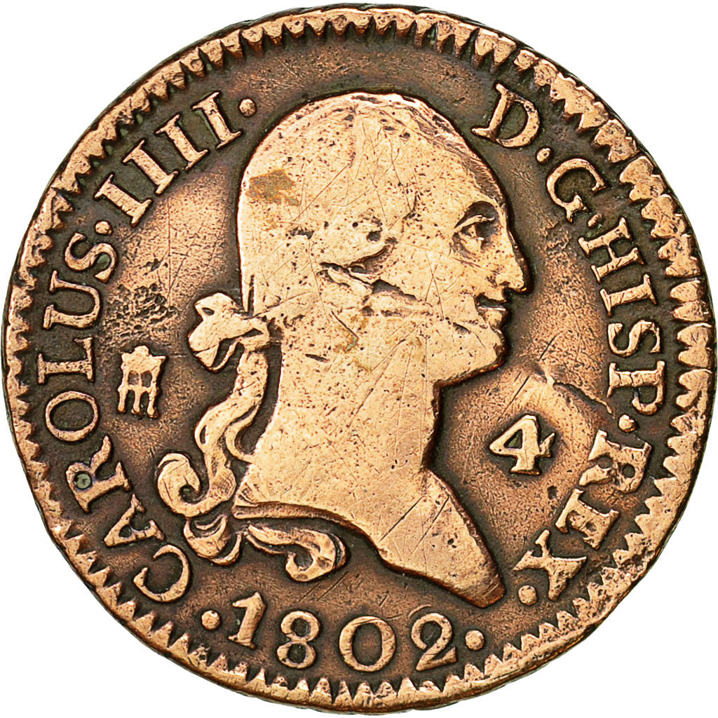 Moneta, Spagna, Charles IV, 4 maravedis, 1802, Segovia, MB, Rame, KM:427