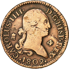 Moneta, Spagna, Charles IV, 4 maravedis, 1802, Segovia, MB, Rame, KM:427