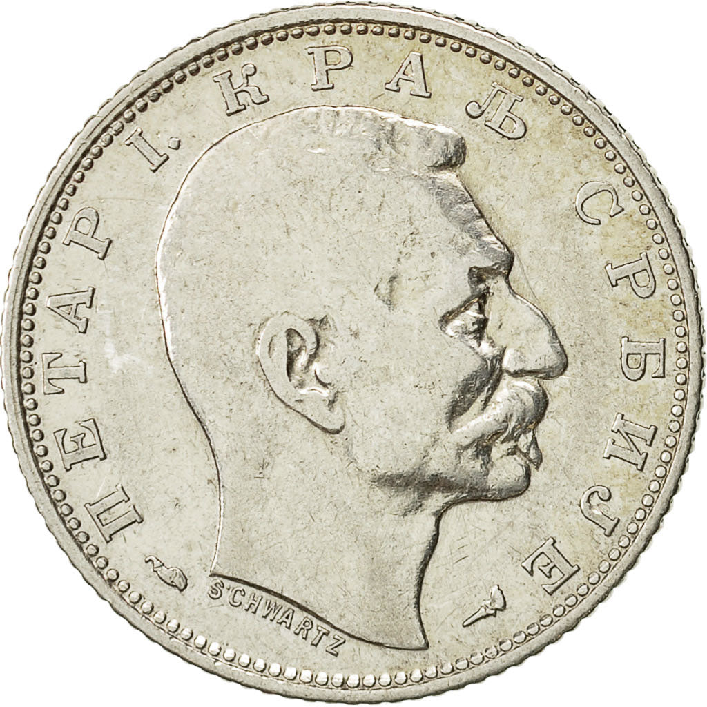 Coin, Serbia, Peter I, Dinar, 1915, Paris, AU(50-53), Silver, KM:25.1