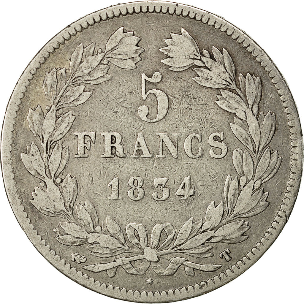 Moneda, Francia, Louis-Philippe, 5 Francs, 1834, Nantes, BC+, Plata, KM:749.12