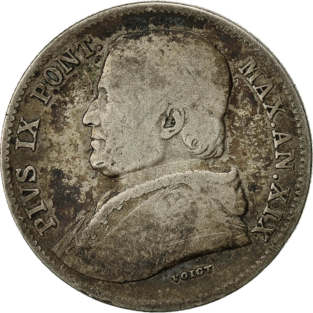 Coin, ITALIAN STATES, PAPAL STATES, Pius IX, 20 Baiocchi, 1865, Rome, VF(20-25)