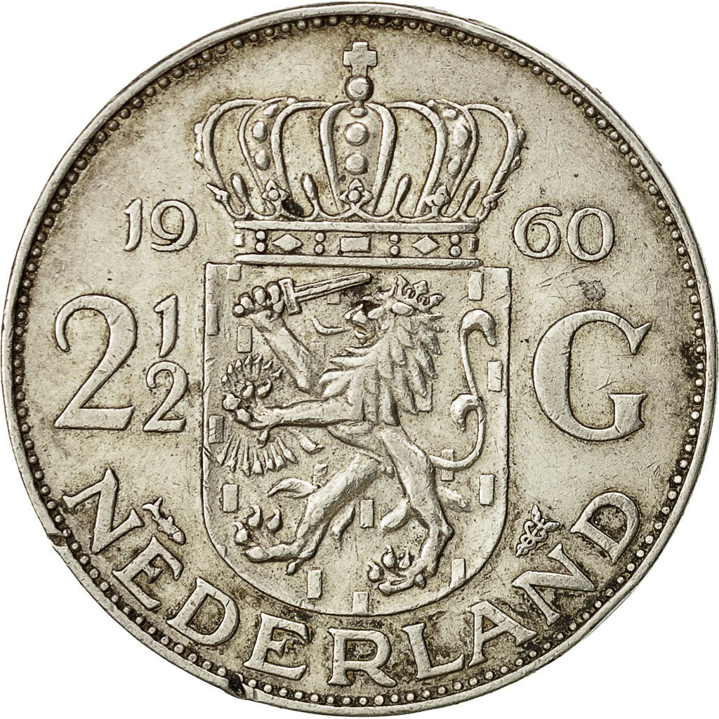 Coin, Netherlands, Juliana, 2-1/2 Gulden, 1960, AU(50-53), Silver, KM:185