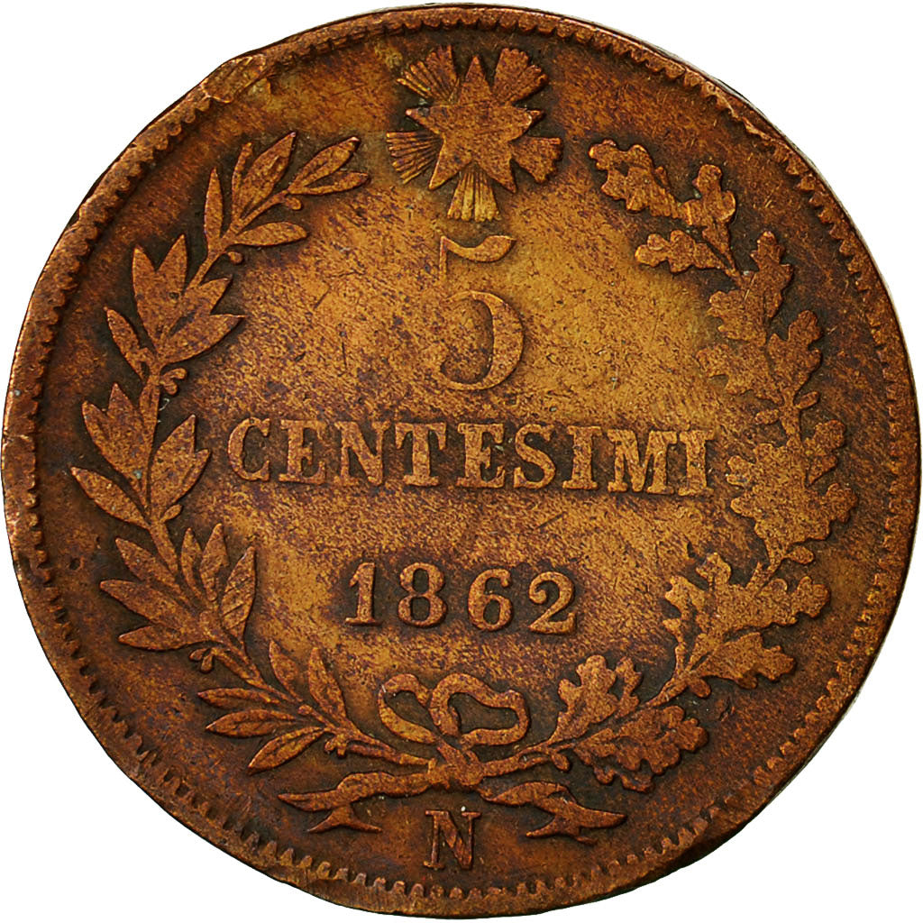 Moneta, Italia, Vittorio Emanuele II, 5 Centesimi, 1862, Naples, MB+, Rame