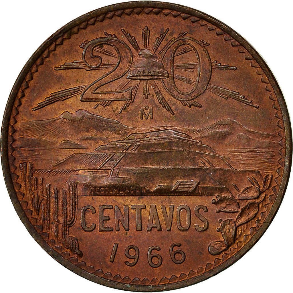 Coin, Mexico, 20 Centavos, 1966, Mexico City, AU(55-58), Bronze, KM:440