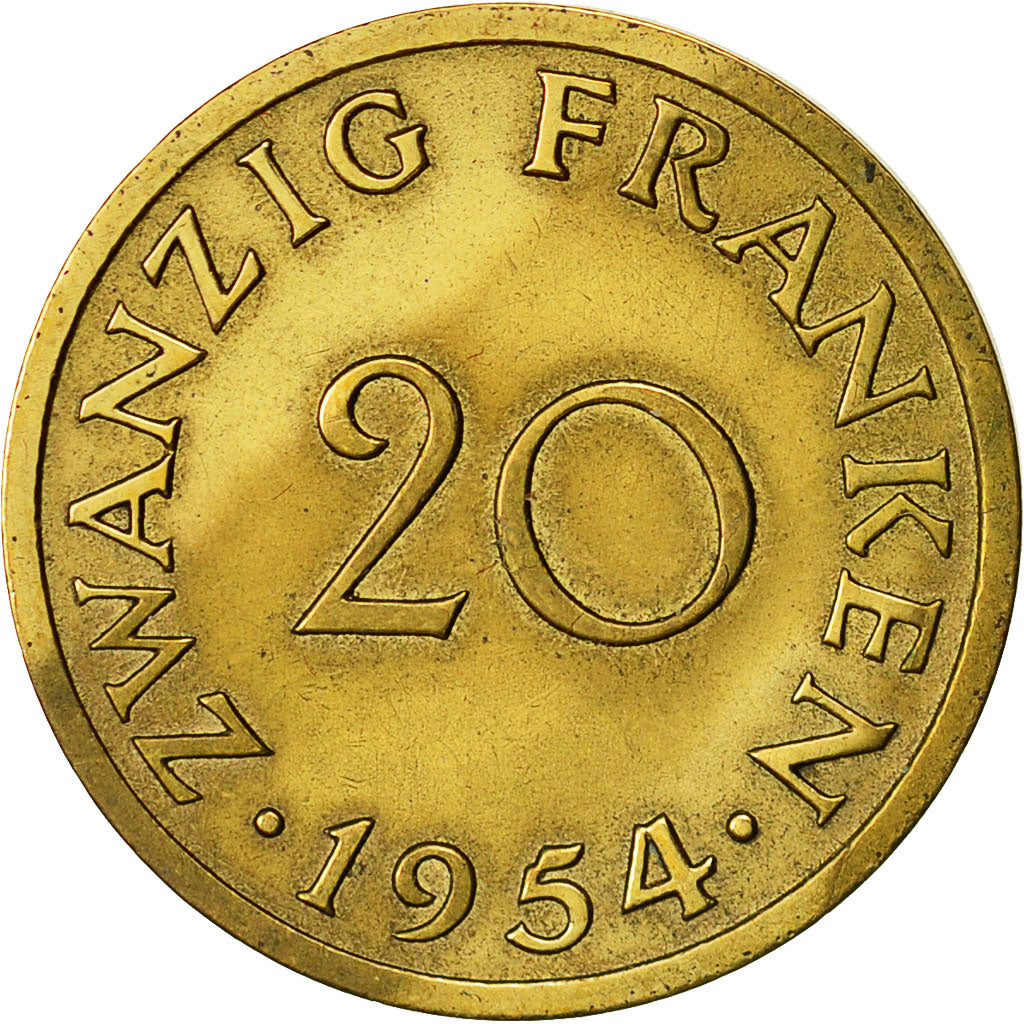 Coin, SAARLAND, 20 Franken, 1954, Paris, AU(55-58), Aluminum-Bronze, KM:2