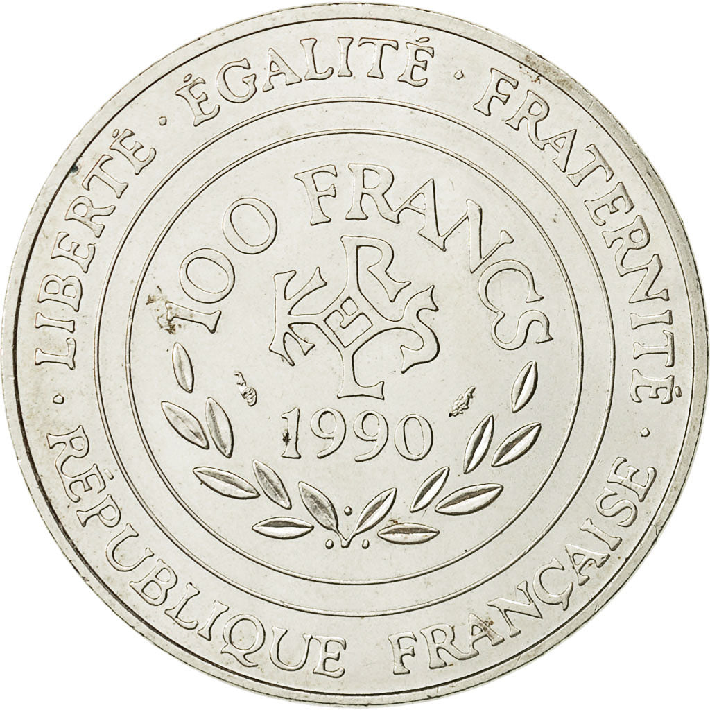 Coin, France, Charlemagne, 100 Francs, 1990, MS(60-62), Silver, KM:982