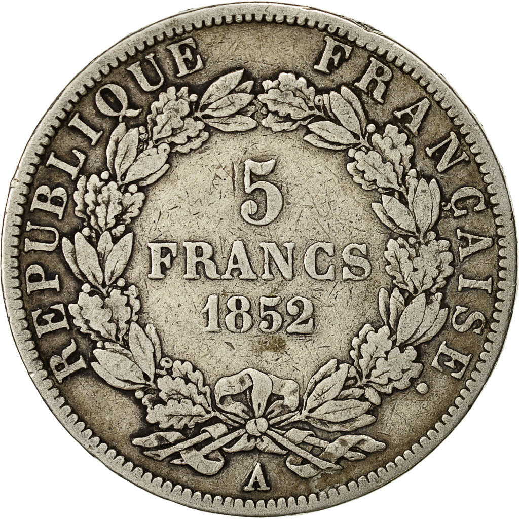 Moneta, Francia, Napoléon III, 5 Francs, 1852, Paris, MB+, Argento, KM:773.1