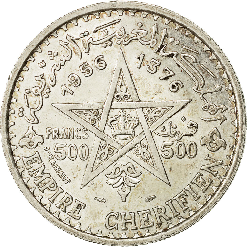 Coin, Morocco, Mohammed V, 500 Francs, 1956, Paris, AU(55-58), Silver, KM:54