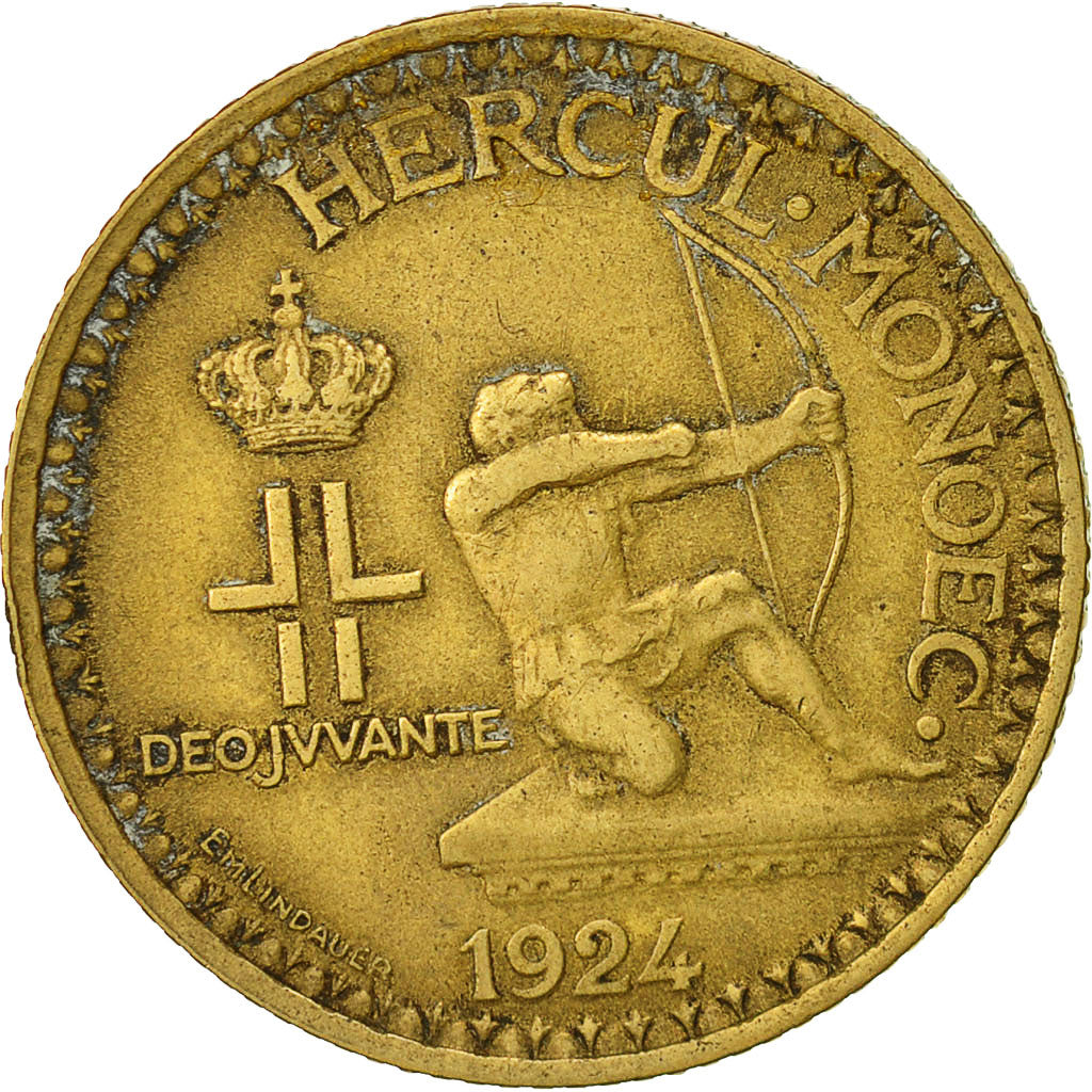 Coin, Monaco, Louis II, 2 Francs, 1924, Poissy, EF(40-45), Aluminum-Bronze
