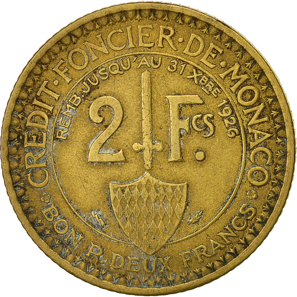 Coin, Monaco, Louis II, 2 Francs, 1924, Poissy, EF(40-45), Aluminum-Bronze