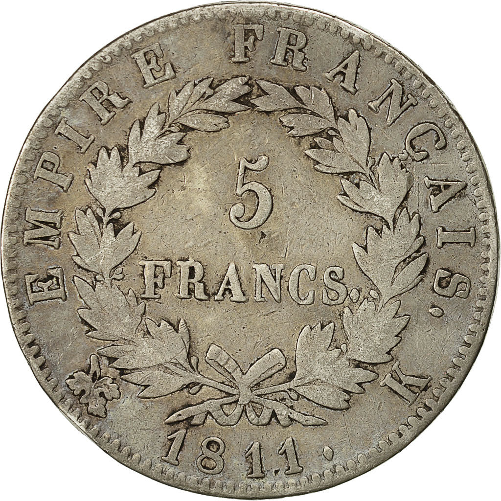 Münze, Frankreich, Napoléon I, 5 Francs, 1811, Bordeaux, S, Silber, KM:694.8