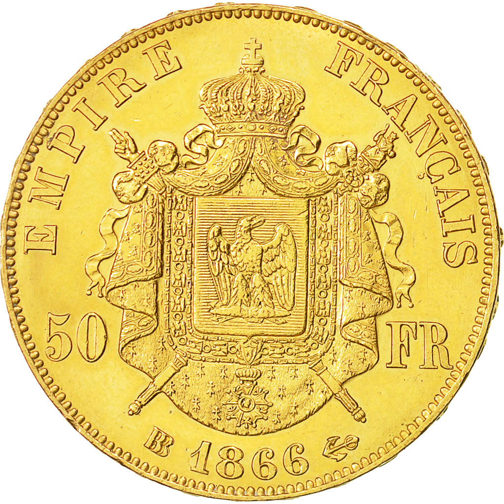 Coin, France, Napoleon III, 50 Francs, 1866 BB, AU(50-53), Gold, KM 804.2