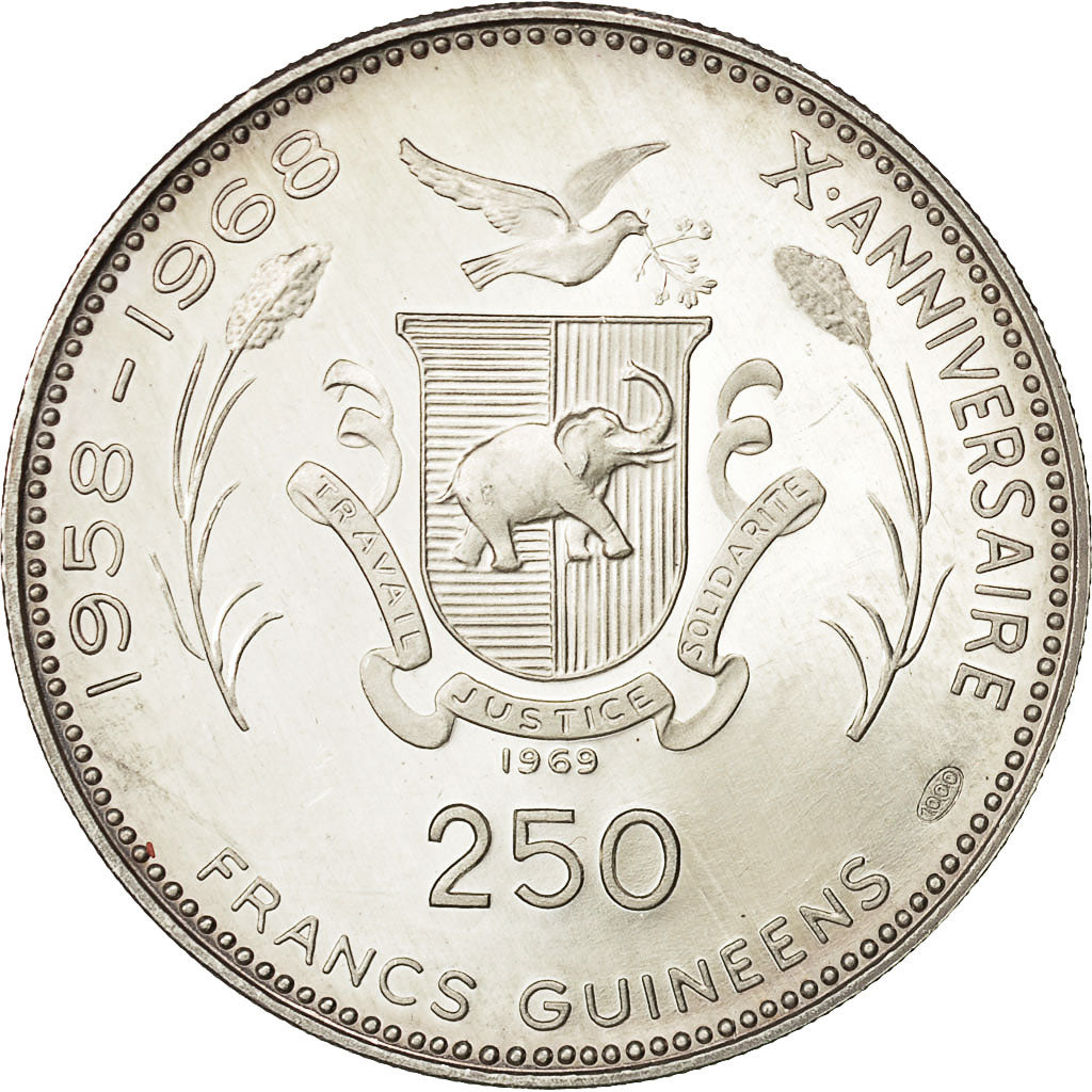 Moneda, Guinea, 250 Francs, 1969, SC, Plata, KM:13