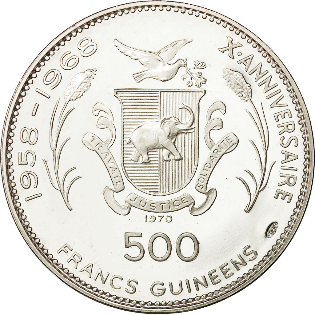 Moneda, Guinea, 500 Francs, 1970, SC, Plata, KM:22