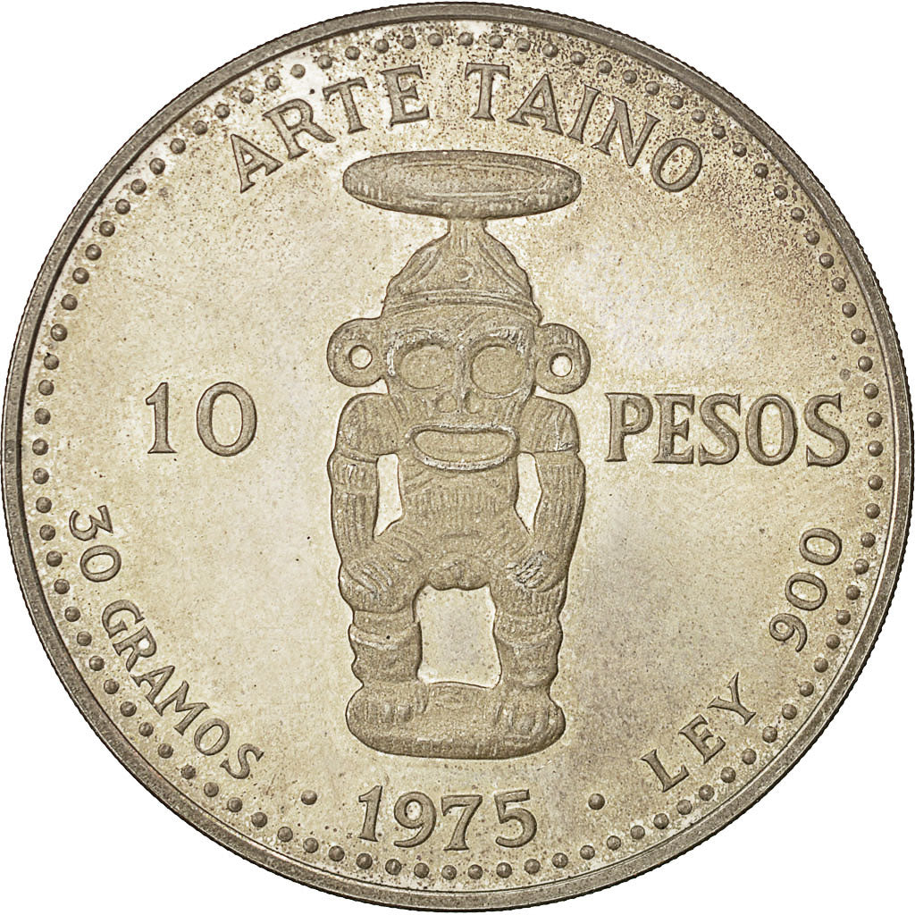 Coin, Dominican Republic, 10 Pesos, Taino Art, 1975, MS(63), Silver, KM 38
