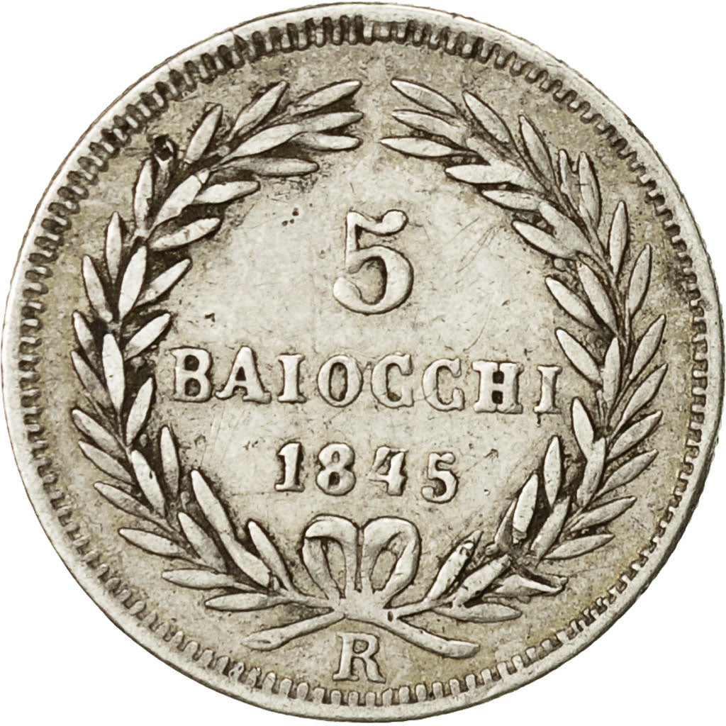 Moneta, STATI ITALIANI, PAPAL STATES, Gregory XVI, 5 Baiocchi, 1845, Rome, BB