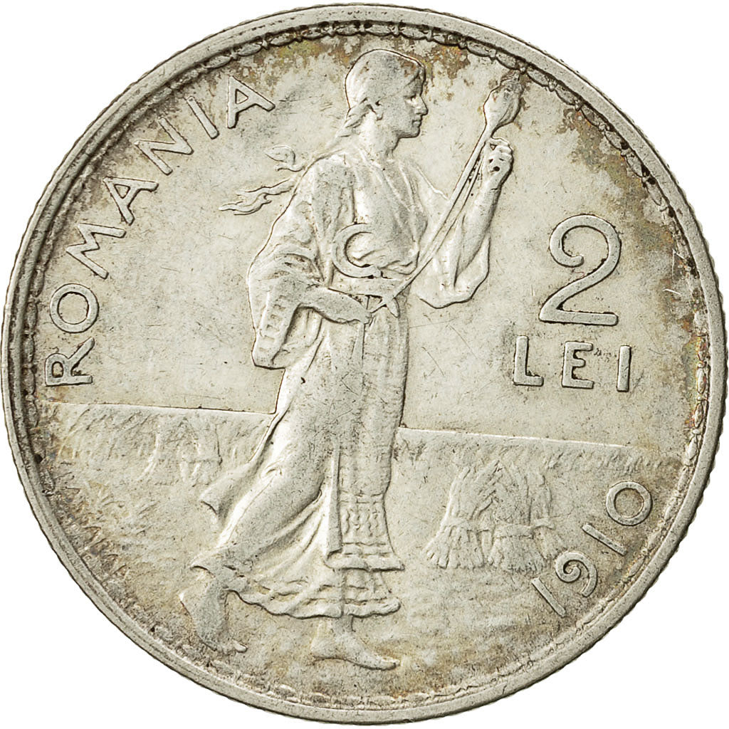 Coin, Romania, Carol I, 2 Lei, 1910, AU(55-58), Silver, KM 43
