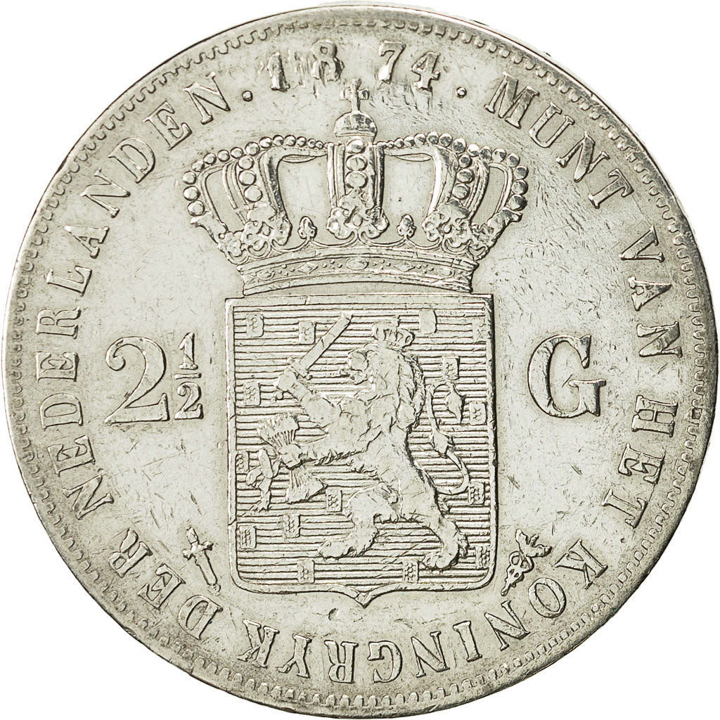 Coin, Netherlands, William III, 2-1/2 Gulden, 1874, EF(40-45), Silver, KM 82