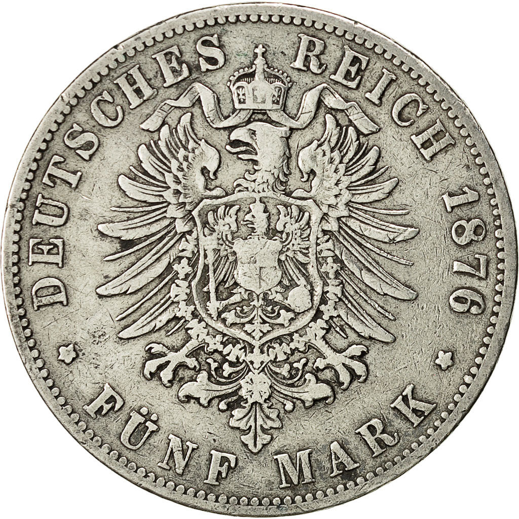 Münze, Deutsch Staaten, PRUSSIA, Wilhelm I, 5 Mark, 1876, Breslau, S+, Silber