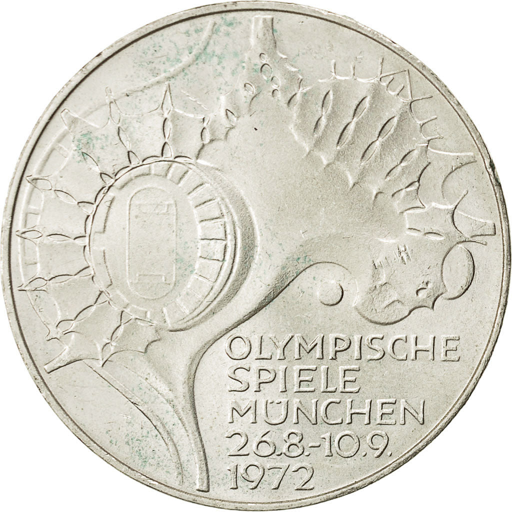 Coin, Germany, 10 Mark, Olympics, 1972, Stuttgart, MS(60-62), Silver, KM 133