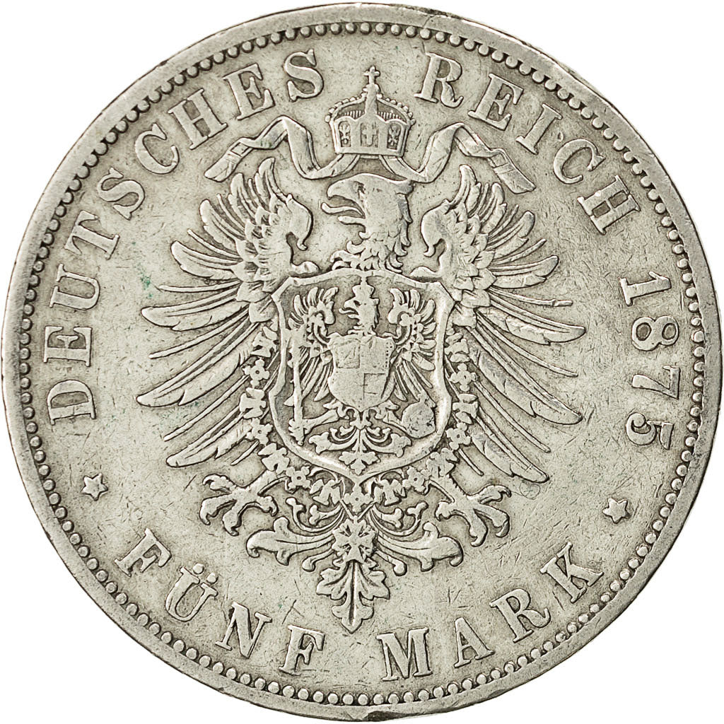 Moneta, Stati tedeschi, PRUSSIA, Wilhelm I, 5 Mark, 1875, Breslau, MB+, Argento