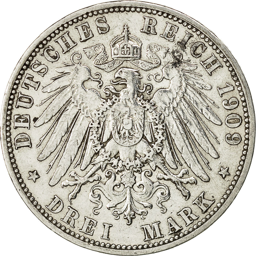 Coin, German States, PRUSSIA, Wilhelm II, 3 Mark, 1909 A, AU(50-53), KM 527