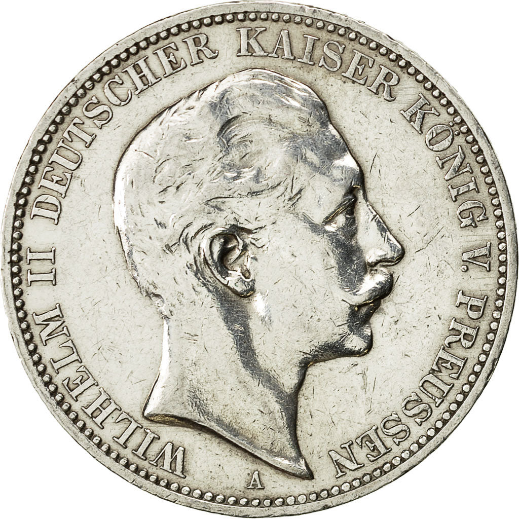 Coin, German States, PRUSSIA, Wilhelm II, 3 Mark, 1909 A, AU(50-53), KM 527