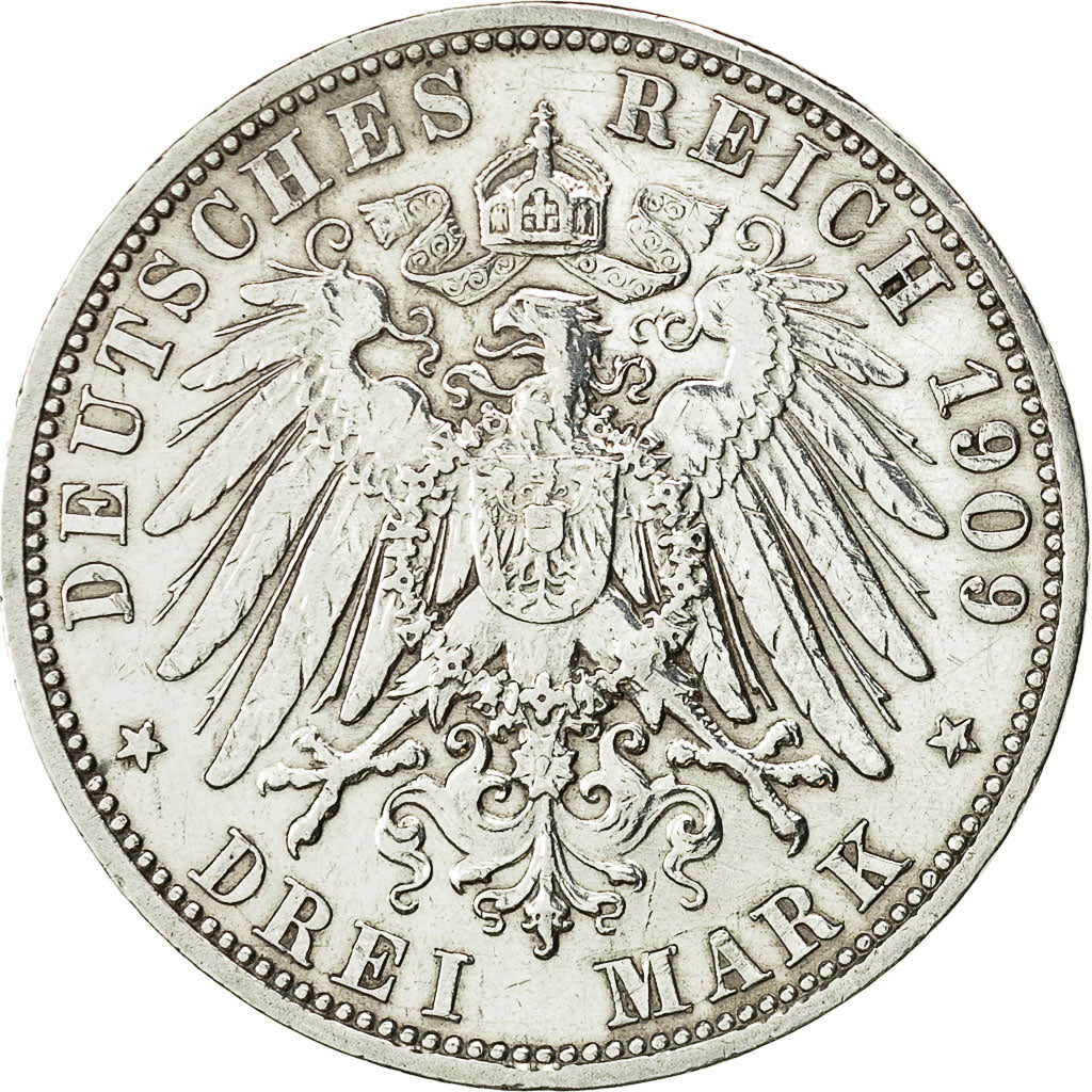 Coin, German States, PRUSSIA, Wilhelm II, 3 Mark, 1909 A, AU(50-53), KM 527
