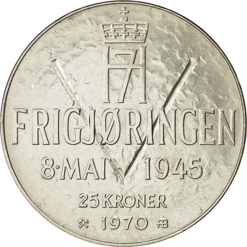 Coin, Norway, Olav V, 25 Kroner, 1970, MS(63), Silver, KM 414