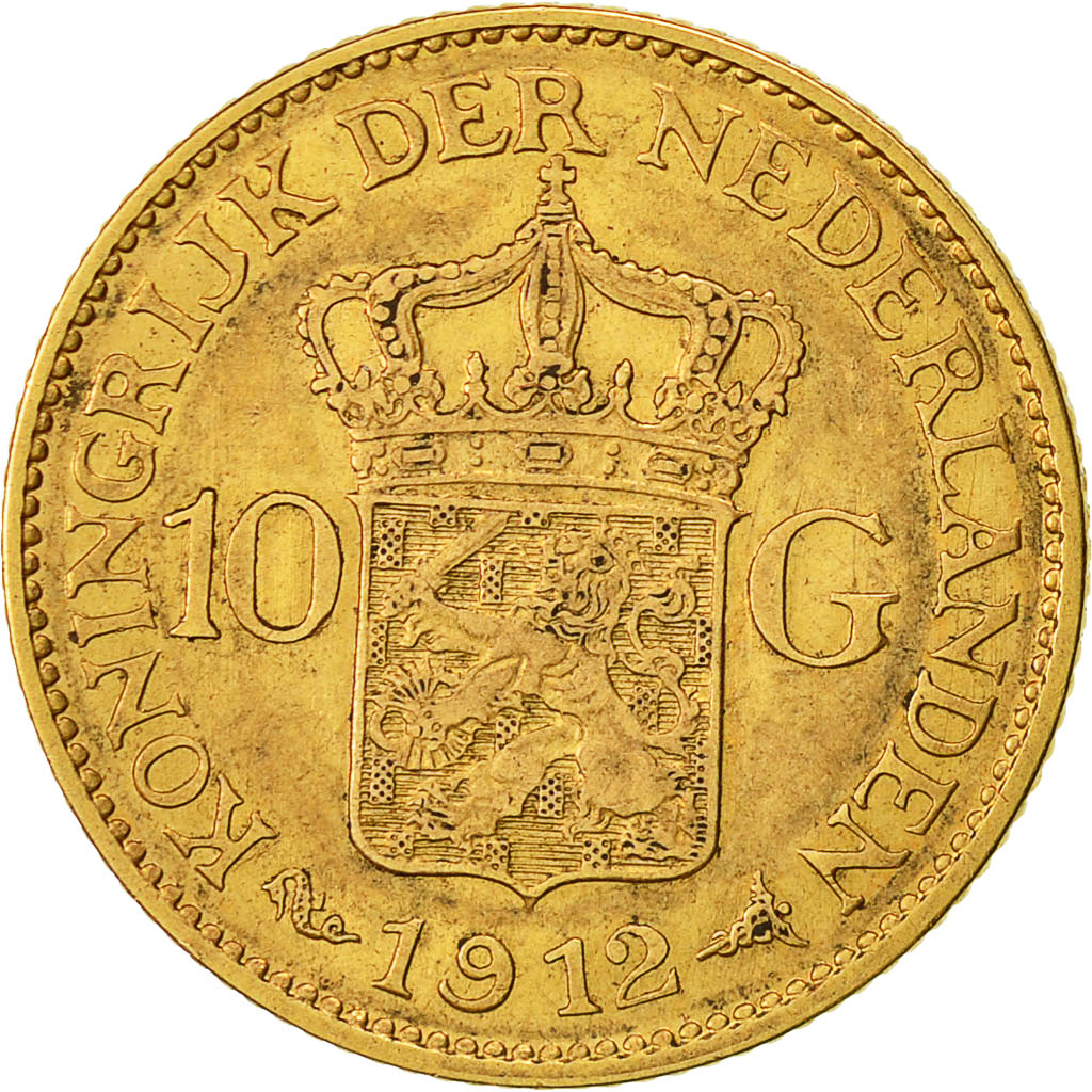 Coin, Netherlands, Wilhelmina I, 10 Gulden, 1912, AU(55-58), Gold, KM 149