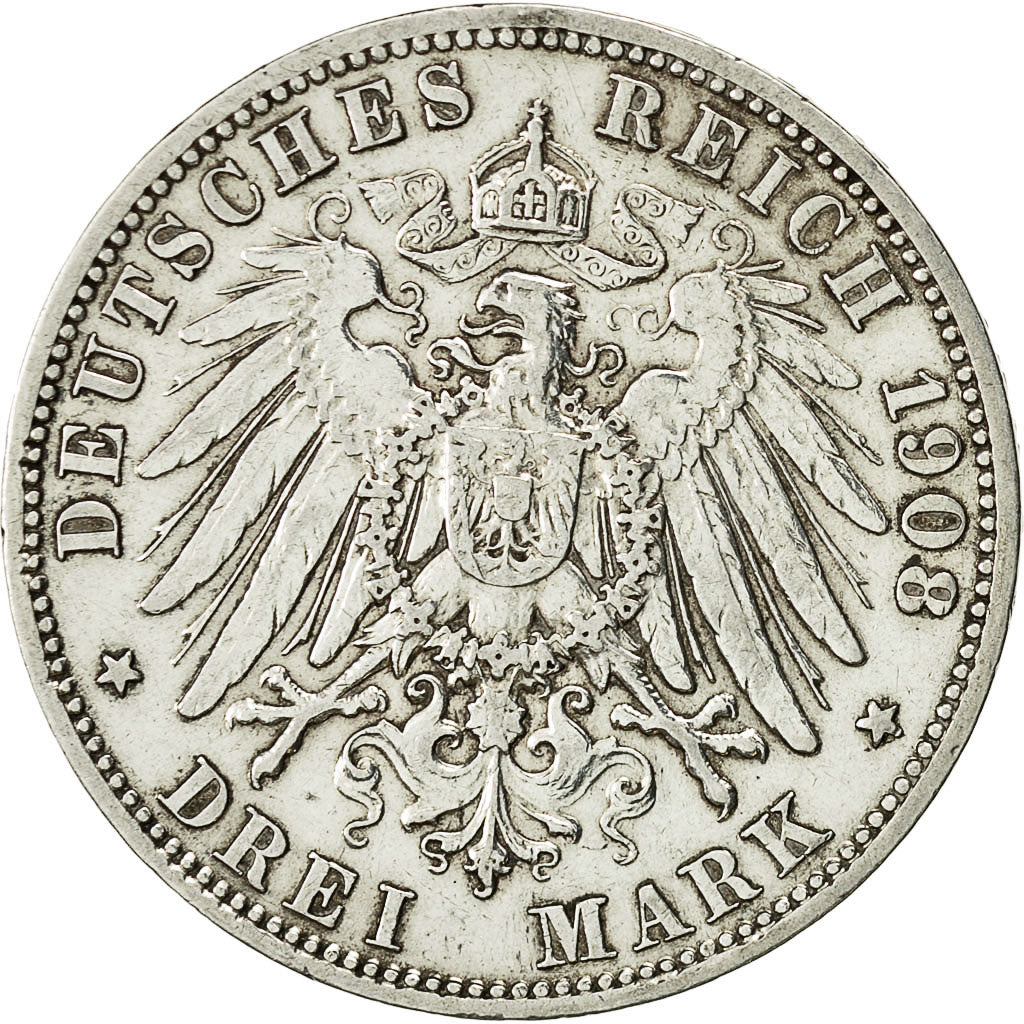 Coin, German States, PRUSSIA, Wilhelm II, 3 Mark, 1908 A, EF(40-45), KM 527