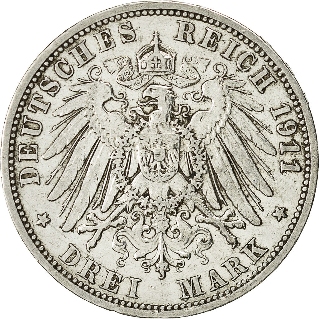 Coin, German States, PRUSSIA, Wilhelm II, 3 Mark, 1911 A, EF(40-45), KM 527