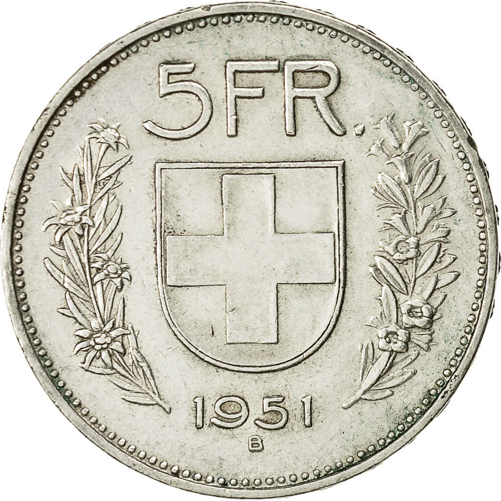 Coin, Switzerland, 5 Francs, 1951, Bern, AU(55-58), Silver, KM:40