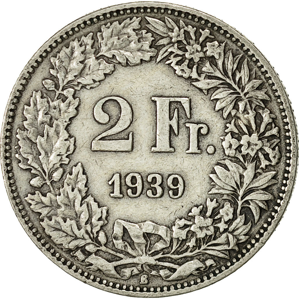 Coin, Switzerland, 2 Francs, 1939, Bern, AU(50-53), Silver, KM:21