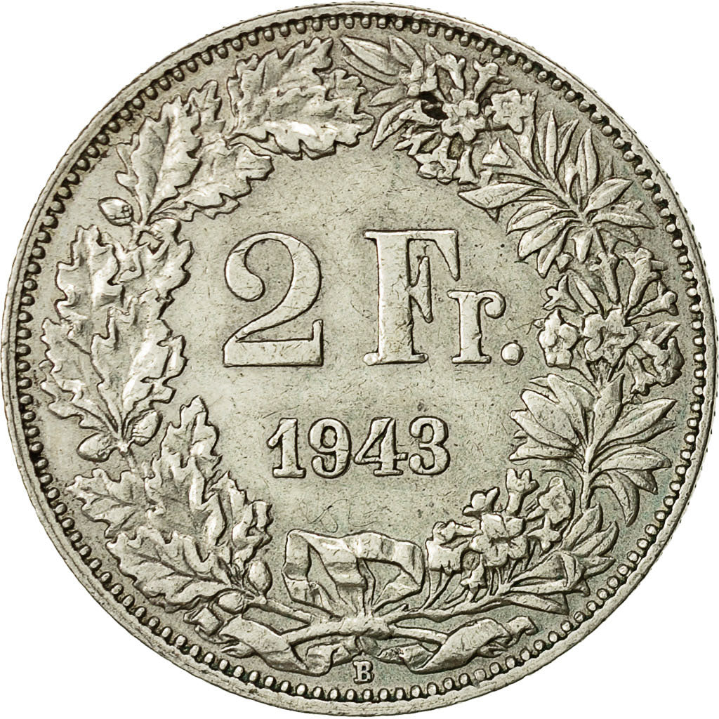 Coin, Switzerland, 2 Francs, 1943, Bern, AU(55-58), Silver, KM:21