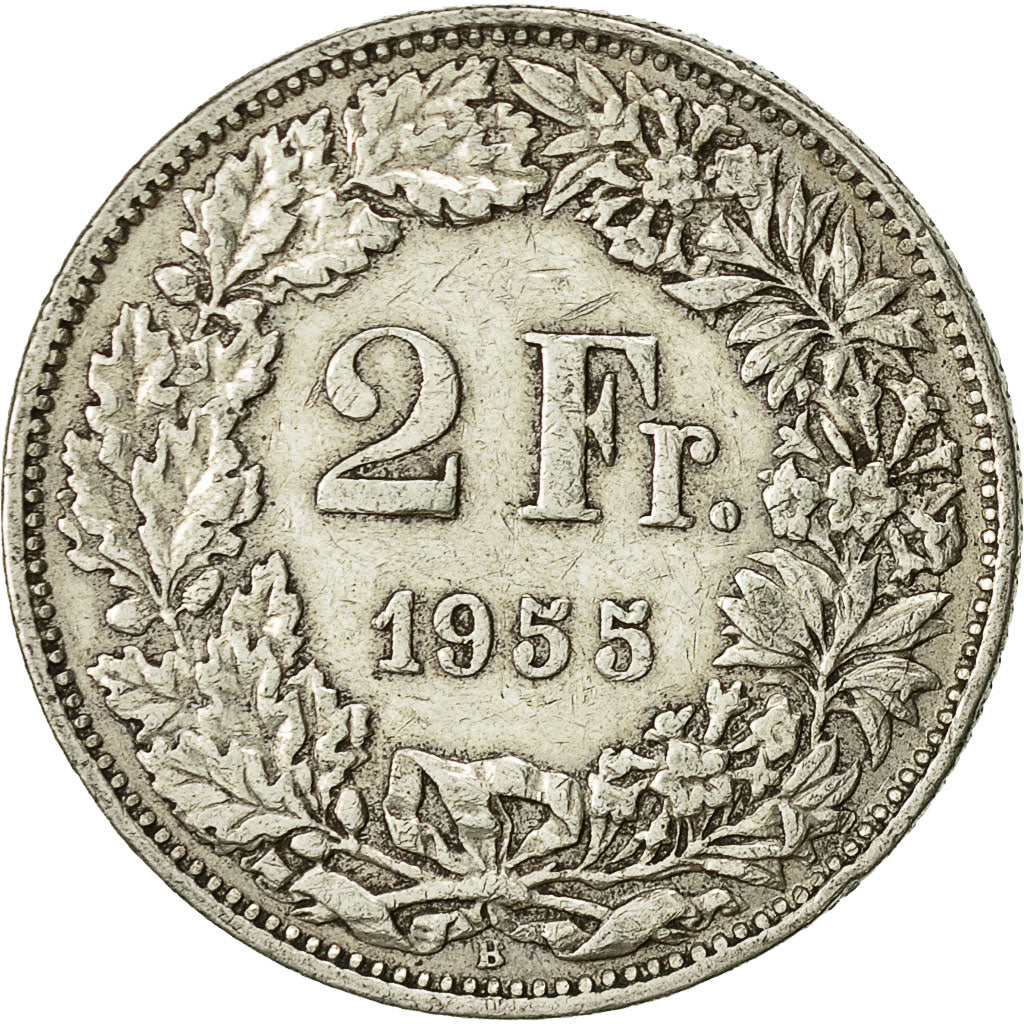 Coin, Switzerland, 2 Francs, 1955, Bern, EF(40-45), Silver, KM:21