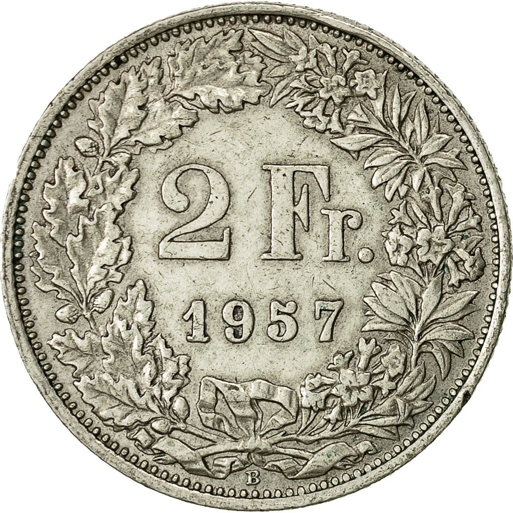 Coin, Switzerland, 2 Francs, 1957, Bern, AU(55-58), Silver, KM:21
