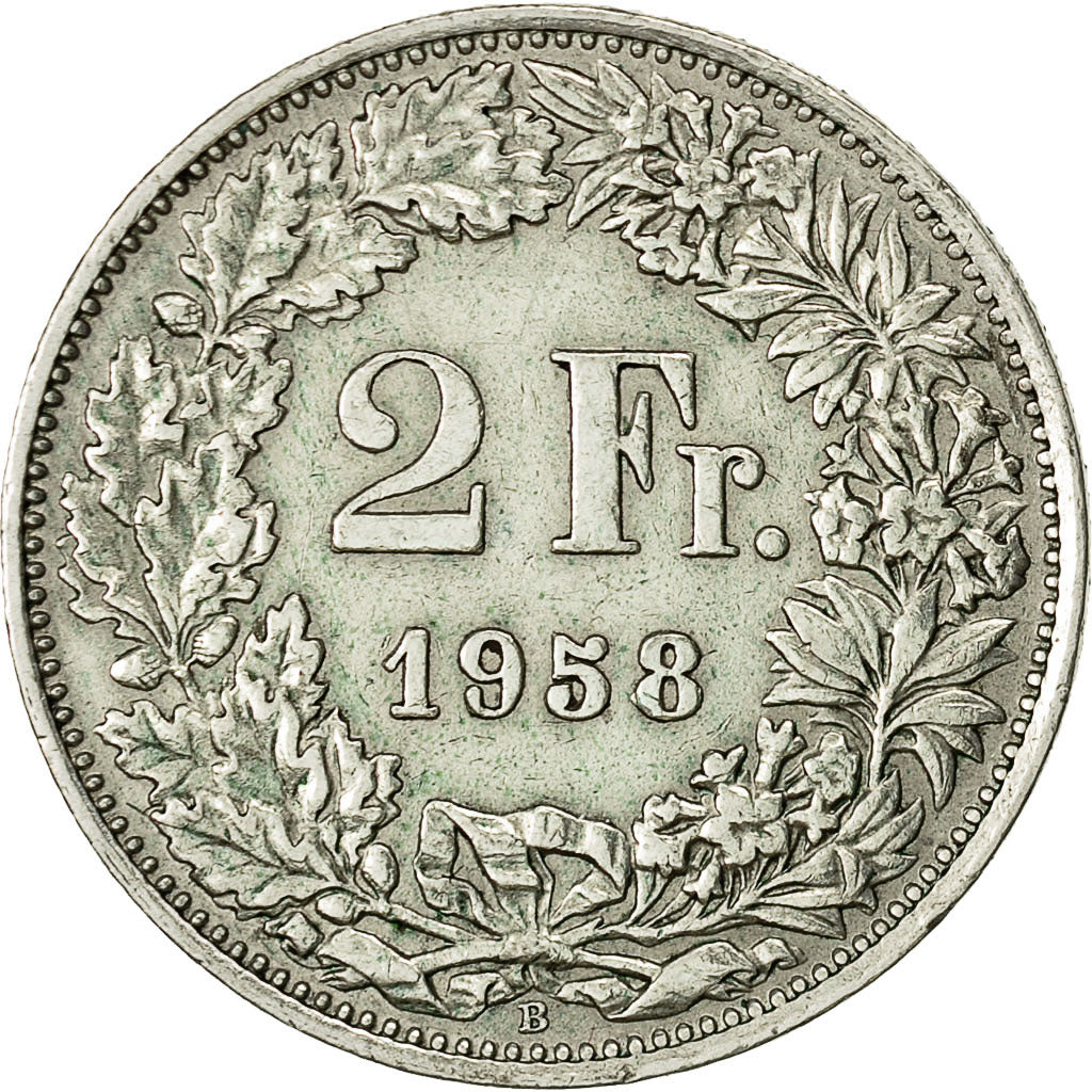 Coin, Switzerland, 2 Francs, 1958, Bern, AU(50-53), Silver, KM:21