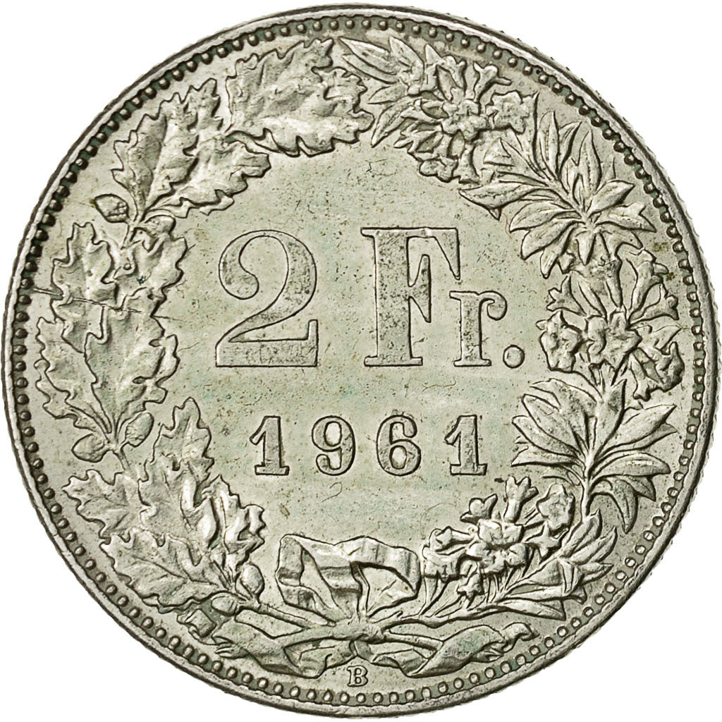 Coin, Switzerland, 2 Francs, 1961, Bern, AU(55-58), Silver, KM:21
