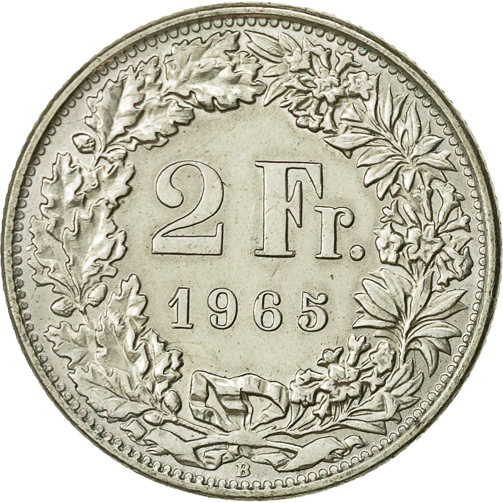 Coin, Switzerland, 2 Francs, 1965, Bern, MS(60-62), Silver, KM:21