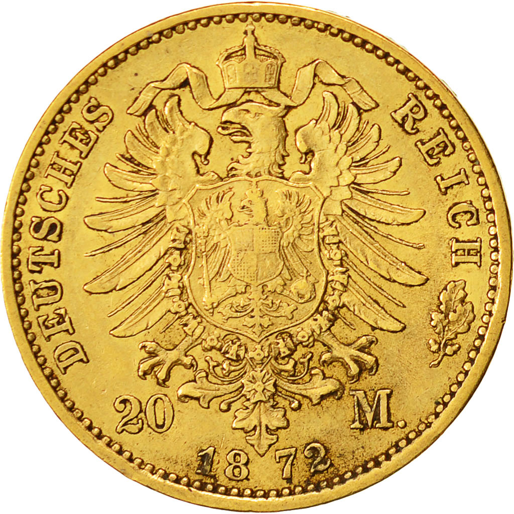 Moneta, Stati tedeschi, PRUSSIA, Wilhelm I, 20 Mark, 1872, Berlin, BB+, Oro