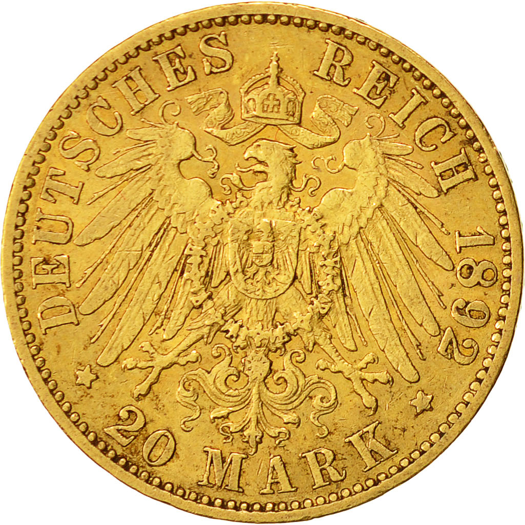 Moneda, Estados alemanes, PRUSSIA, Wilhelm II, 20 Mark, 1892, Berlin, MBC, Oro