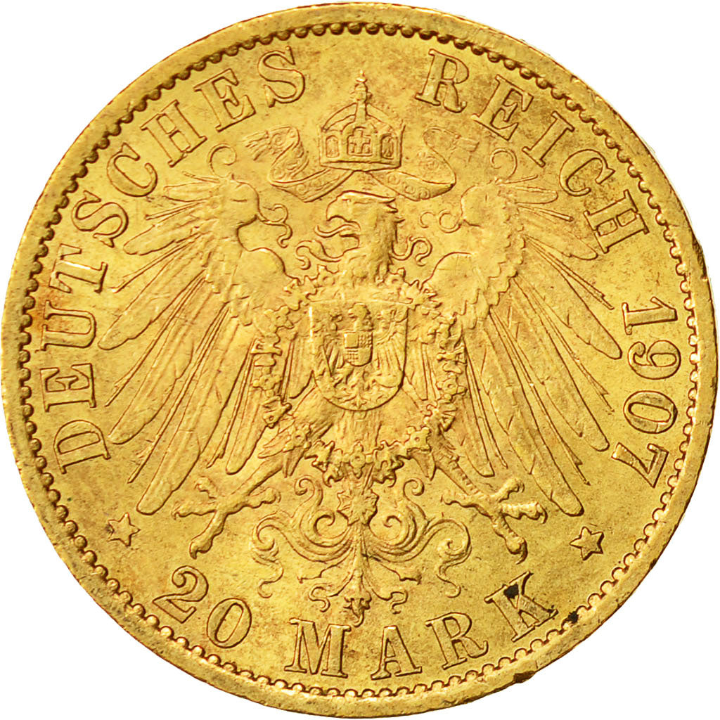 Moneda, Estados alemanes, PRUSSIA, Wilhelm II, 20 Mark, 1907, Berlin, MBC+, Oro