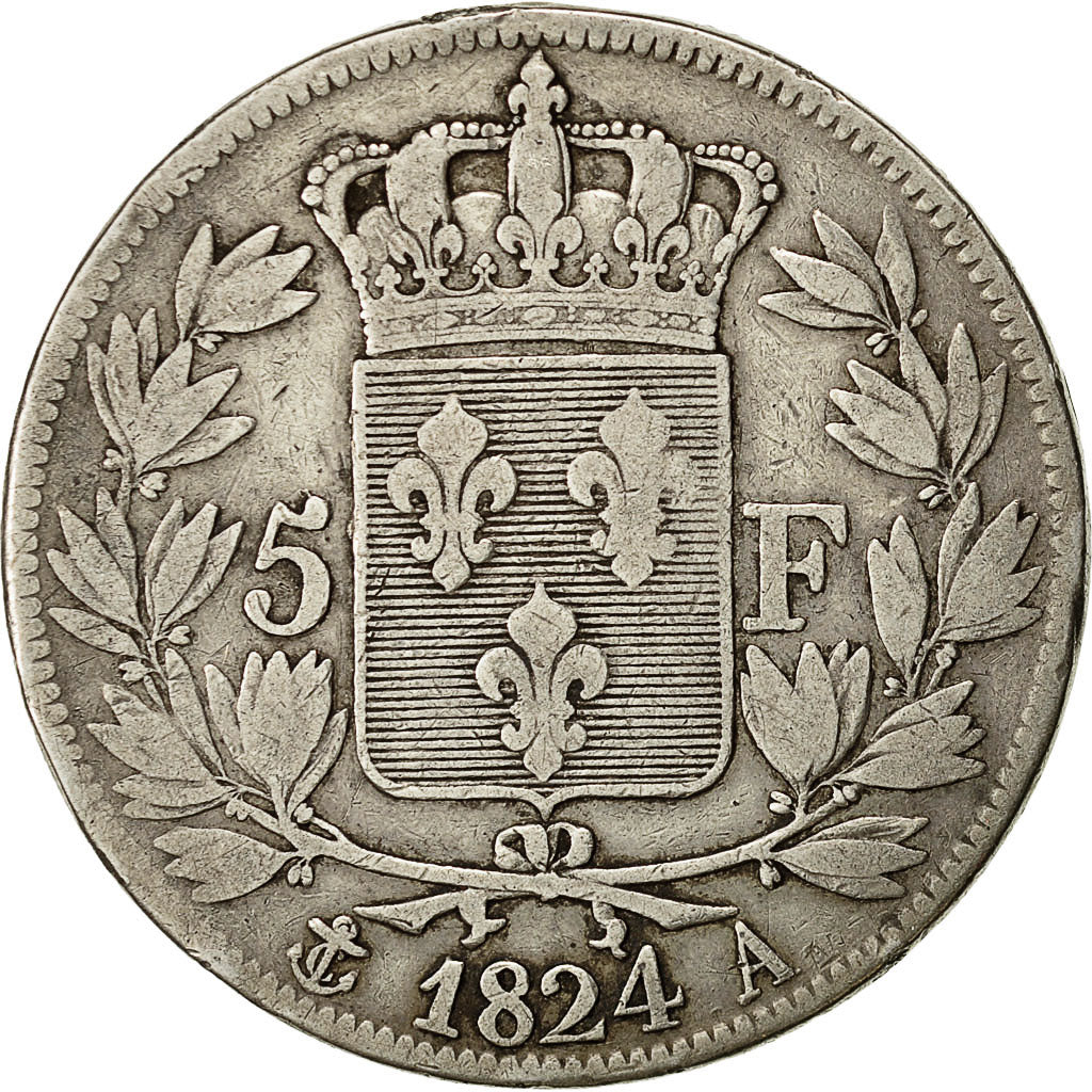 Coin, France, Louis XVIII, 5 Francs, 1824, Paris, VF(30-35), KM 711.1